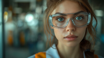 Portrait of a young woman worker in overalls and safety glasses, personal protective equipment