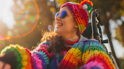 Happy disabled young girl in wheelchair wearing rainbow pride fashionable jumper cardigan outfit outdoors in nature. Candid young teenager with disability at LGBTQ  gay pride parade. Copy space