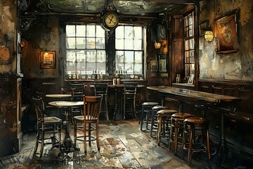 Vintage Pub Interior With Classic Wooden Furniture and Artwork