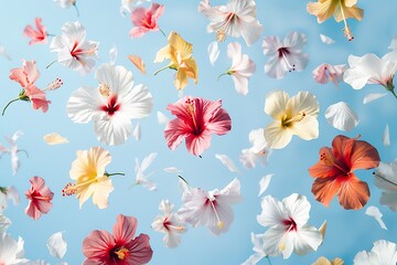 A vibrant composition of floating hibiscus flowers against a light blue background. The flowers are of various sizes, shapes, and colors, creating a sense of depth and movement.