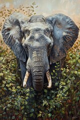 Fototapeta premium A realistic oil painting of an african elephant hiding in a bush looking mysterious. simplistic, modern , generated with ai