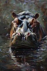 A realistic oil painting of an african hippo happy looking mysterious. simplistic, modern , generated with ai