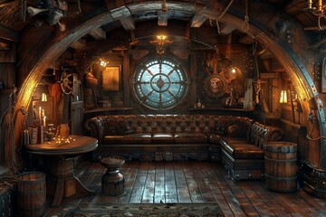 Naklejka premium Intricate Pirate Ship Cabin Interior with Vintage Decor