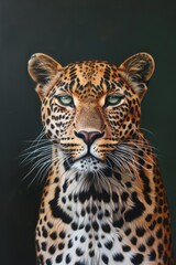 Fototapeta premium a realistic oil painting of an african Leopard happy looking mysterious. simplistic, modern, generated with AI