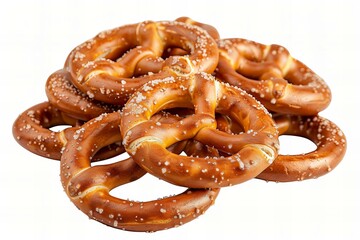 Golden Brown Pretzels Sprinkled with Salt on White Background