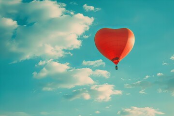 Fototapeta premium Red Heart-Shaped Hot Air Balloon Soaring in a Blue Sky