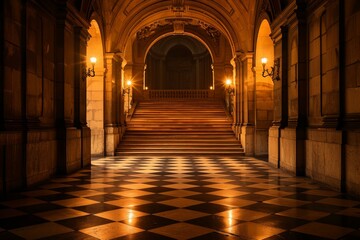 Fototapeta premium Elegant Royal Palace Hallway with Staircase and Checkered Floor at Night