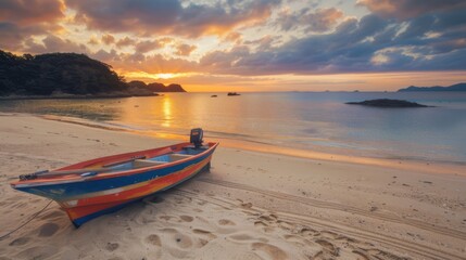 A small fishing boat, brightly colored, left alone on the sandy beach of an island at sunrise. the morning light casts a warm glow over the scene, generated with ai