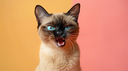 Burmese, angry cat baring its teeth, studio lighting pastel background