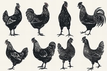 Fototapeta premium Decorative Black and White Chicken Silhouettes in Various Poses