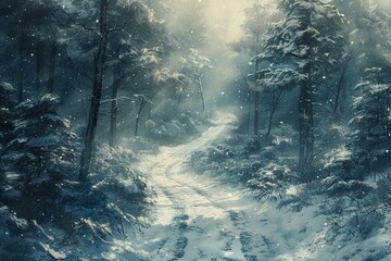 Winter Wonderland: Snowy Forest Path with Glistening Trees