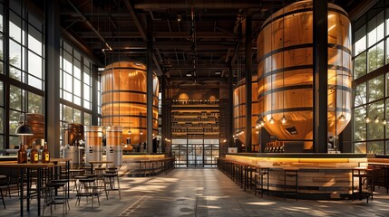 Modern graphic of a craft brewery with rustic amber tanks, perfect for food and beverage industry...