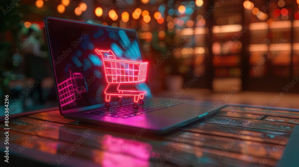 Poster glowing shopping cart on a laptop created with generative ai