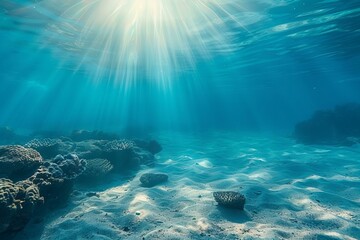 Fototapeta premium Sunlight Streaming Through Clear Blue Ocean Over Coral Reef