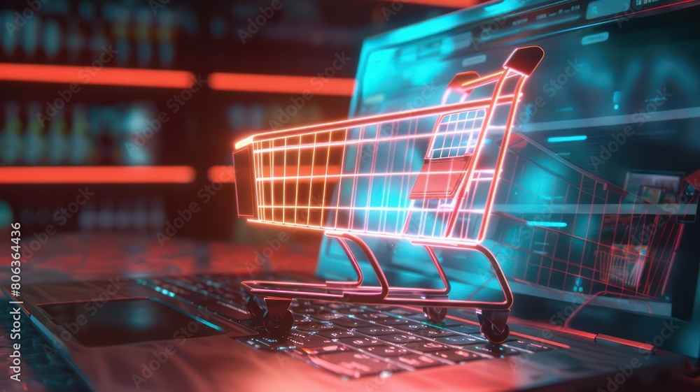 Poster glowing shopping cart on a laptop created with generative ai