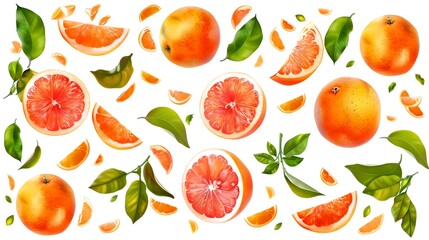 Fresh Citrus Fruit Assortment on White Background. Bright Orange and Grapefruit Slices with Green Leaves. Healthy Food Concept. AI