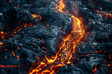 Dramatic Close-Up View of Molten Lava Flowing from Volcano