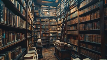 Fototapeta premium Vintage Library full of books, generated with AI
