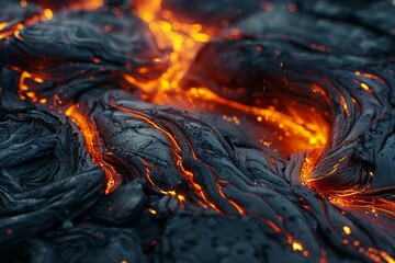 Close-Up View of Lava Flow in Volcanic Terrain, Intense Heat