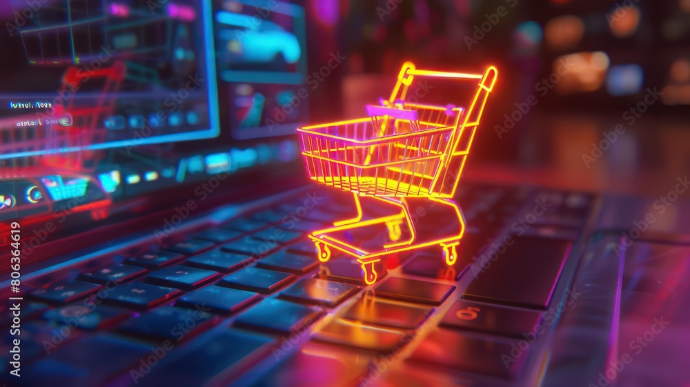Poster glowing shopping cart on a laptop created with generative ai