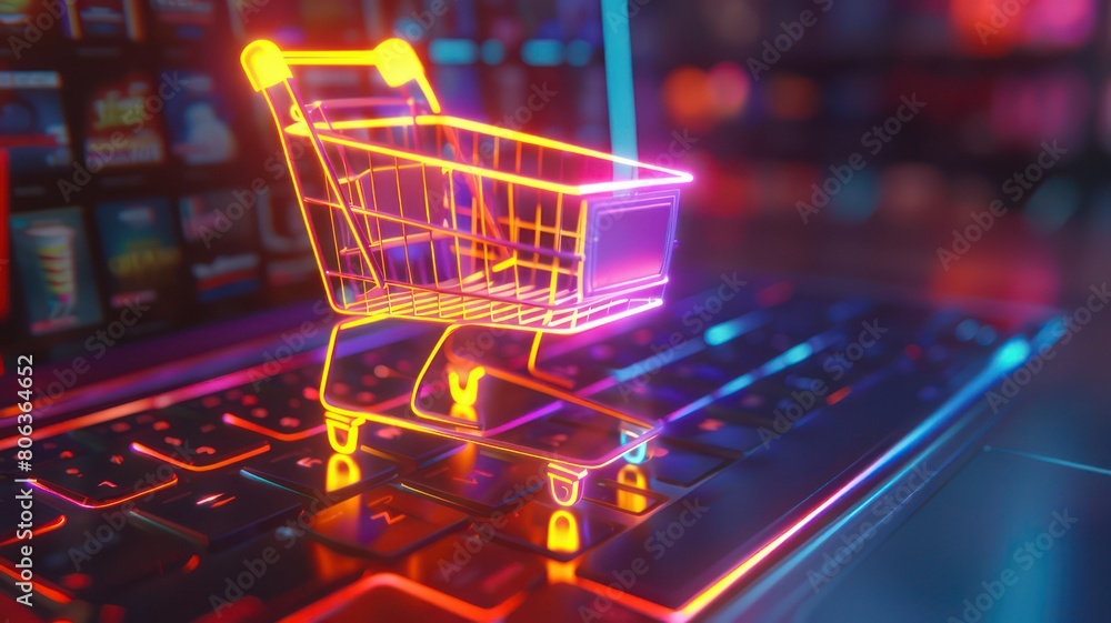 Poster glowing shopping cart on a laptop created with generative ai