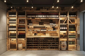 Elegant Wine Shop Interior Featuring Wooden Shelves and Racks
