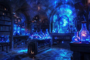 Enchanted Wizard's Alchemical Laboratory with Mystic Artifacts