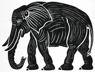 Fototapeta premium Black and white woodblock illustration of an elephant, white background , generated with ai