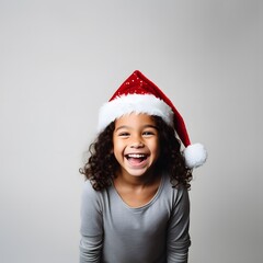 Happy cute little girl wearing santa claus hat 