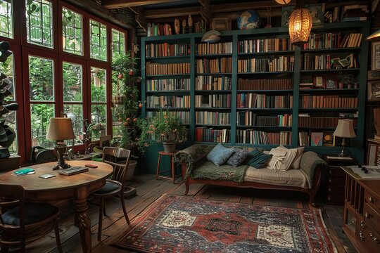 Vintage Writer's Room with Cozy Ambiance and Plush Furnishings