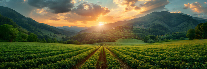Countryside with a Wide Field of Cereals,
A farm with a sunset in the background
