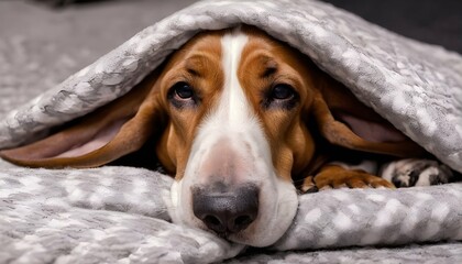 A Sleepy Basset Hound Snuggled Up In A Blanket