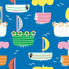 Seamless pattern with sailboat. Colorful childish print. Vector hand drawn illustration.