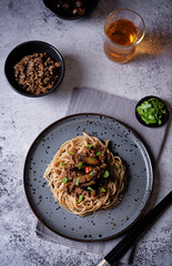Buckwheat soba with ground meat and spicy eggplant and pepper slices