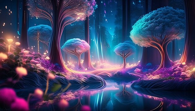 magic fabulous neon space forest, planet in another galaxy
