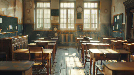 Empty Classroom. Back to school concept in high school. Classroom Interior Vintage Wooden Lecture Wooden Chairs and Desks. Studying lessons in secondary education