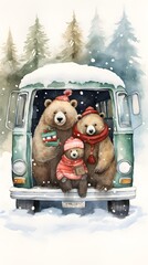 Happy bear family in snowy christmas background