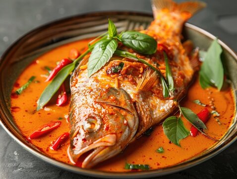 delicious Thai dish featuring Redtail Catfish fish cooked in a flavorful dried red curry sauce known as Choo Chee. It's a rich and aromatic dish with a perfect balance of spicy 
