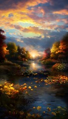 Romantic sunset forest background with a lake view