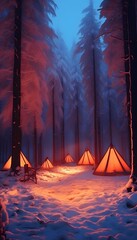 Golden tents lit up in deep dark forest at night