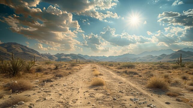 Wide angle, image of a sandy mexican desert land during midday, generated with AI