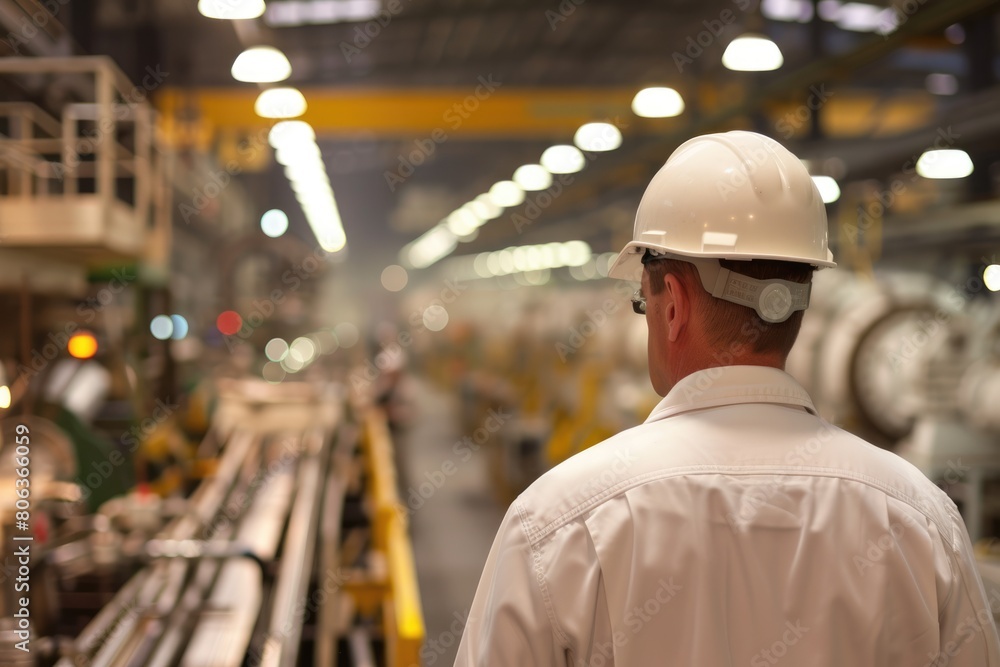 Poster smart civil engineer with safety helmet looking at production line while standing in front of factor