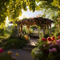 Beautiful hidden garden with flowers and leafy drapes in sunshine