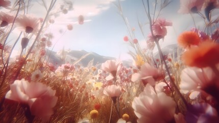 Field of wildflowers and cherry blossoms in summer