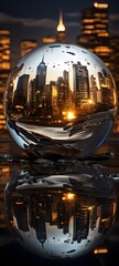 Glass ball reflecting city skyline in sunset background