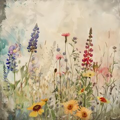 Watercolour painting of a field of wildflowers