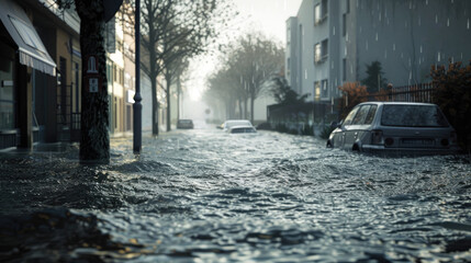 Flooded urban streets after a heavy storm, showcasing extreme weather events.