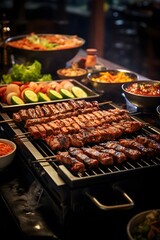 Grilled meat cuisine with vegetables and condiments restaurant shot 