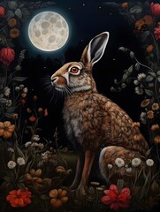 Magical rabbit portrait in floral midnight background