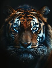 Fototapeta premium Close-up portrait of a tiger observing its prey, generated with AI